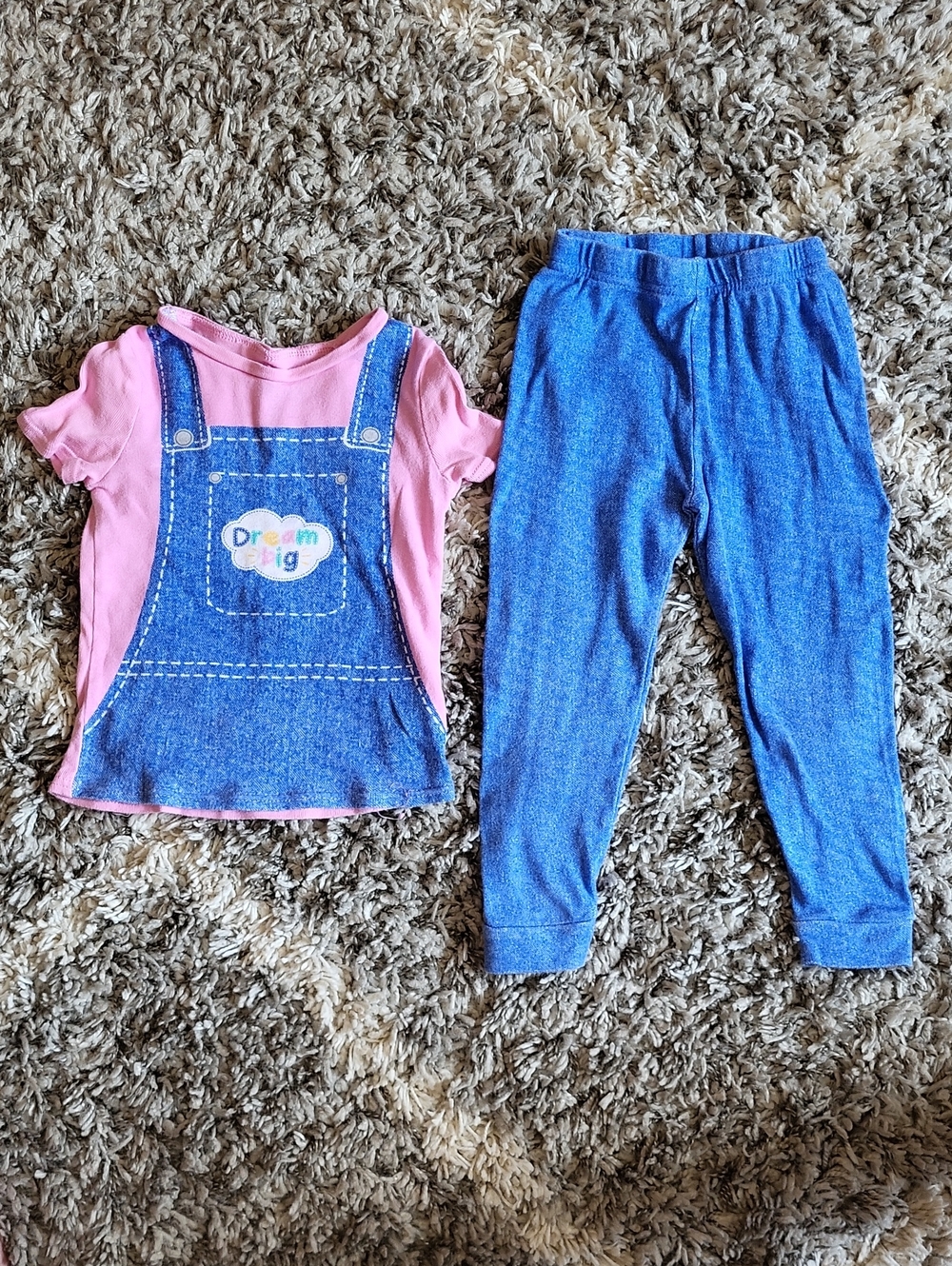 Ms. Rachel Pink Tee with Denim Overalls Graphic + Blue Pajama Set.